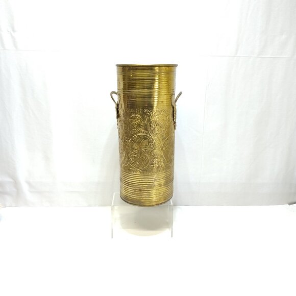 Umbrella Cane Brass Stand Grape Handle Detail Hand Hammered Reverse Floral Vinta - Picture 5 of 9